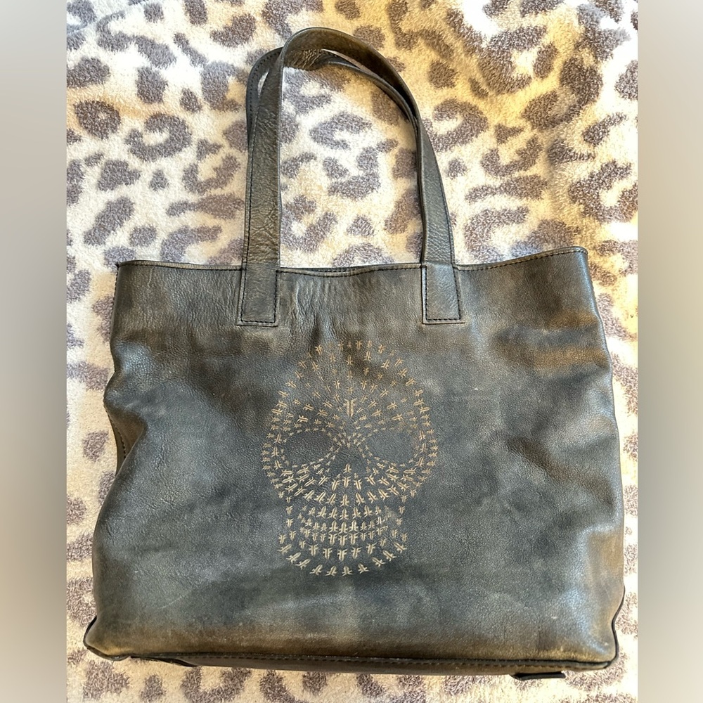 Distressed leather Frye skull tote